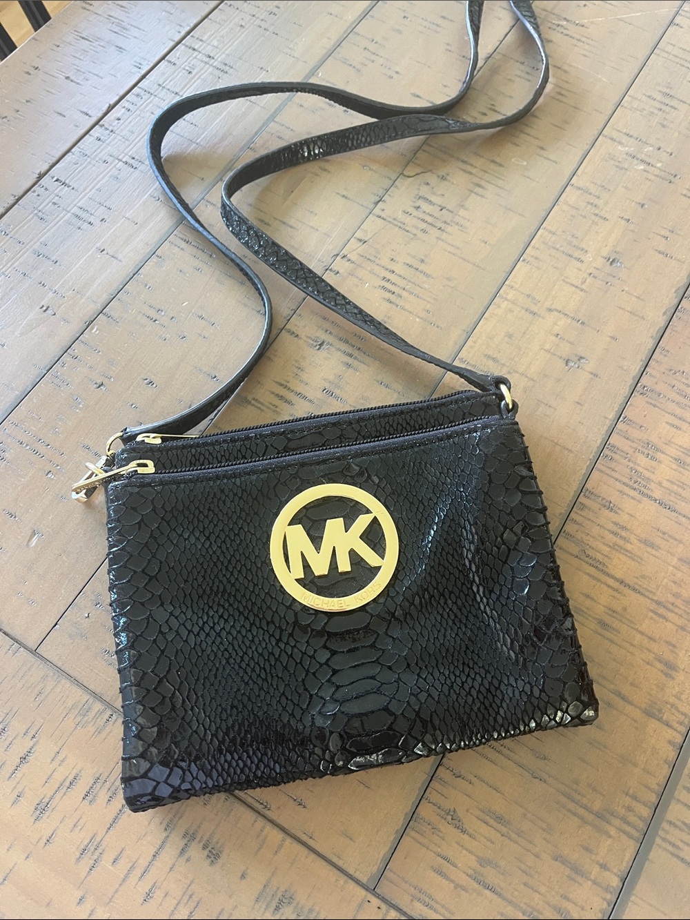 Michael Kors Black Snake-Embossed Crossbody with Gold MK Medallion